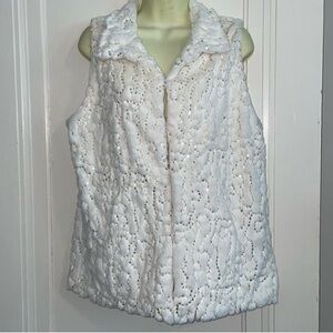 Betsey Johnson white faux fur vest with gold sequins